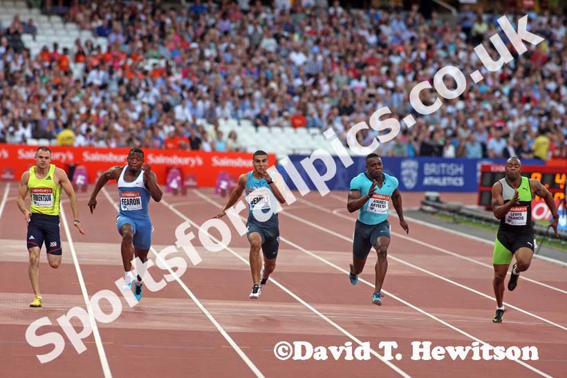 100 metres B race, from left to right: Andrew Robertson, Joel Fearon, Adam Gemili, Harry Aikens-Aryeetey and Mark Lewis-Francis,  2013 IAAF Diamond League, Sainsbury's Anniversary Games, Queen Elizabeth Olympic Park, London.